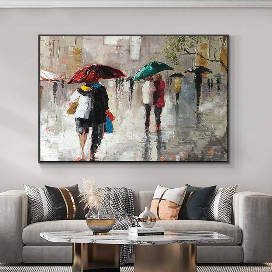 Amazon｜キャンバスプリント雨通りウォーキング通行人の絵画壁